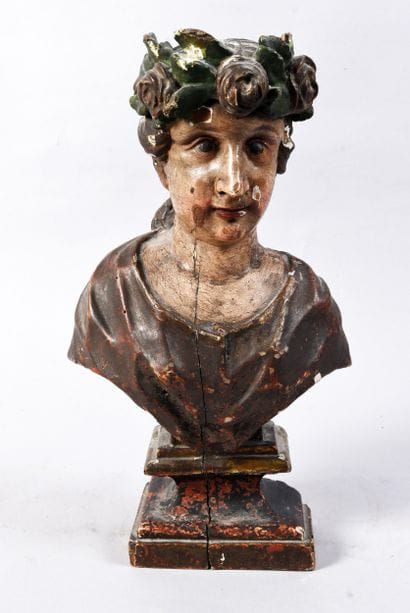 Small polychrome wooden bust of a figure...