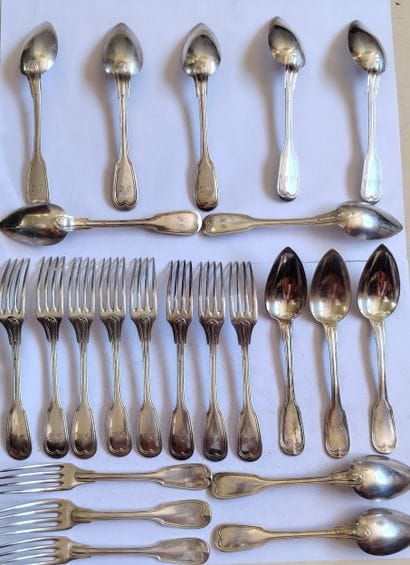 Twelve pieces of 950°/°° silver flatware,...