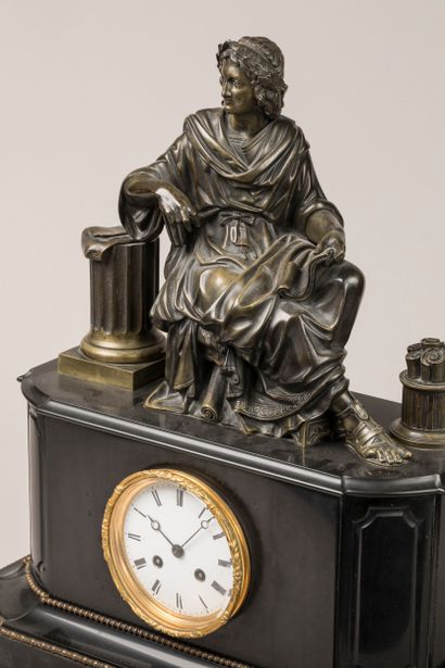 Bronze clock with golden patina, allegory...