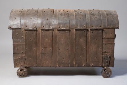 Factory chest with domed lid and wooden core,...