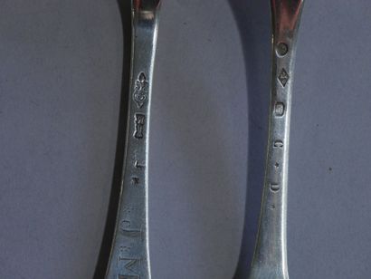 Set of five spoons and six forks in plain...