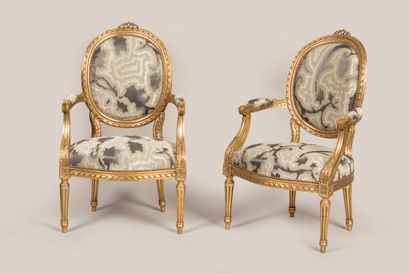 Pair of Louis XVI style giltwood cabriolet...