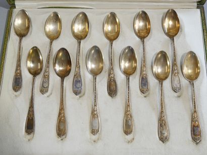 Suite of 12 vermeil mocha spoons, plant and...