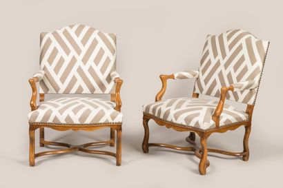 Pair of Louis XIII style armchairs with struts,...