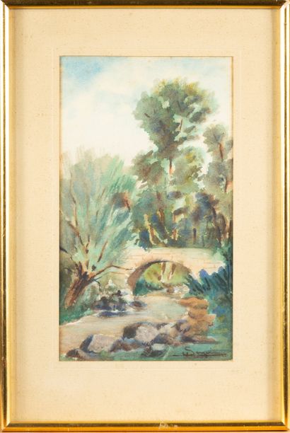 Watercolor, bridge,
Signed lower right 
28...