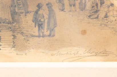 CLERGET (?)
Personnages près d'un pont,
Dessin...