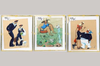 Ensemble de 3 gouaches humoristiques, 25...