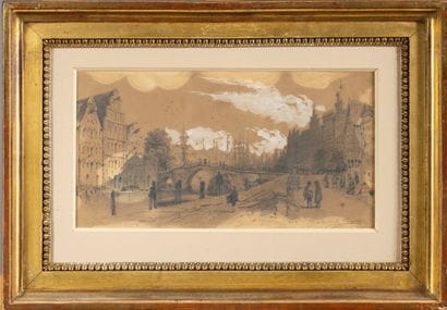CLERGET (?)
Personnages près d'un pont,
Dessin...