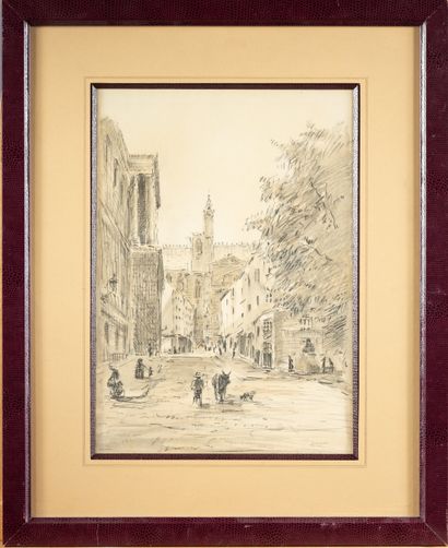 DESROZIERS 
Paysage urbain animé, 
Dessin...