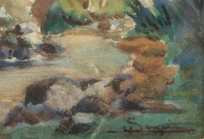 Watercolor, bridge,
Signed lower right 
28...