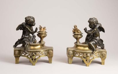 Paire de chenets aux amours frileux en bronze...