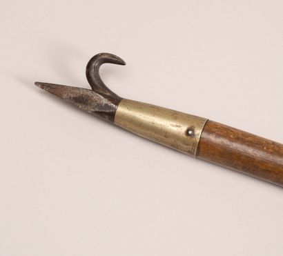 A large bamboo cane fitted with a hook and...