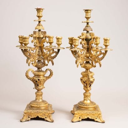 Pair of gilded bronze Regency-style candelabra,...