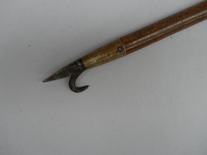 A large bamboo cane fitted with a hook and...