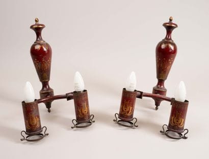 Pair of two-arm oil-lamp wall sconces made...