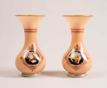 Pair of opaline cone-shaped vases; the salmon-colored...
