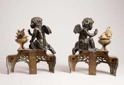 Paire de chenets aux amours frileux en bronze...
