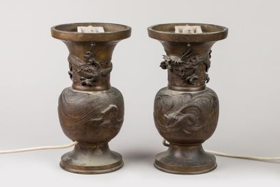Pair of bronze vases decorated with dragons,...