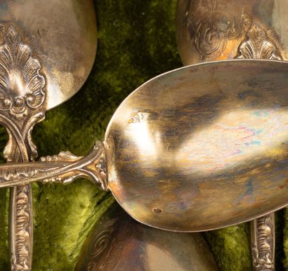 Twelve silver mocha spoons, Louis XV style...
