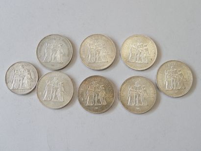 7 pièces en argent de 50 francs et 1 pièce...
