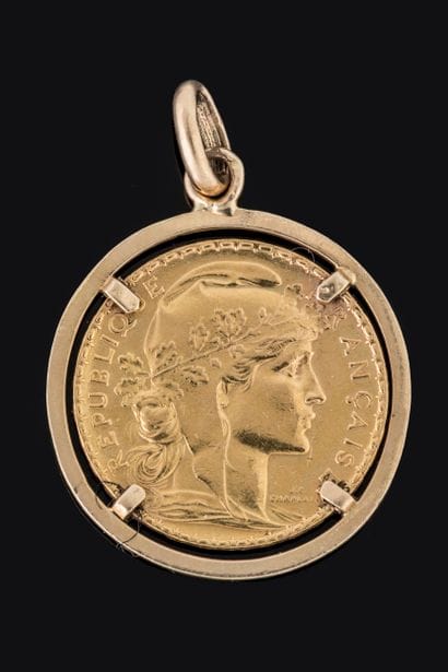 Pendant featuring a 1908 20-franc Marianne/Rooster...