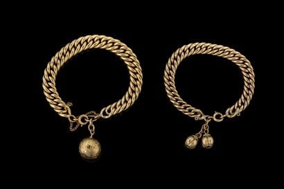 Two bracelets with pendant bells on yellow...