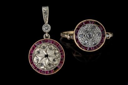 Pendant and ring set adorned with rose-cut...