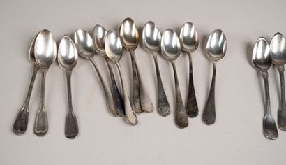 Set of 17 small silver spoons, marked with...