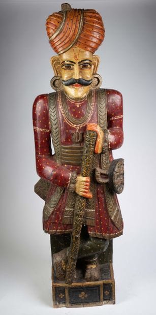 Pair of polychrome wooden Hindu guardian...