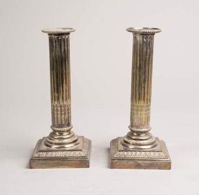 Pair of silver plated “à la financière” candlesticks,...