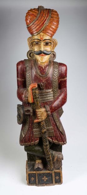 Pair of polychrome wooden Hindu guardian...