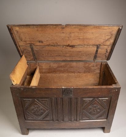 Molded and carved oak chest, decorated with...