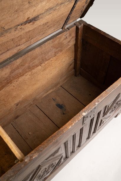 Molded and carved oak chest, decorated with...