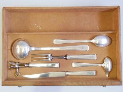A large white metal dinner set, a 1950s model...