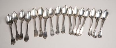 Set of 17 small silver spoons, marked with...
