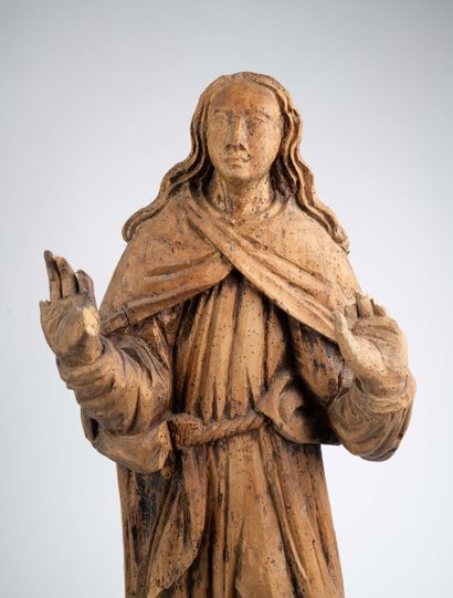 Sainte femme en bois sculpté. Debout, elle...