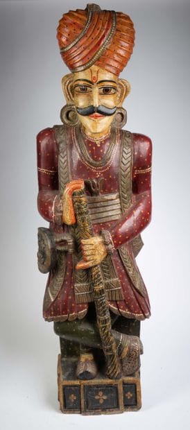 Pair of polychrome wooden Hindu guardian...
