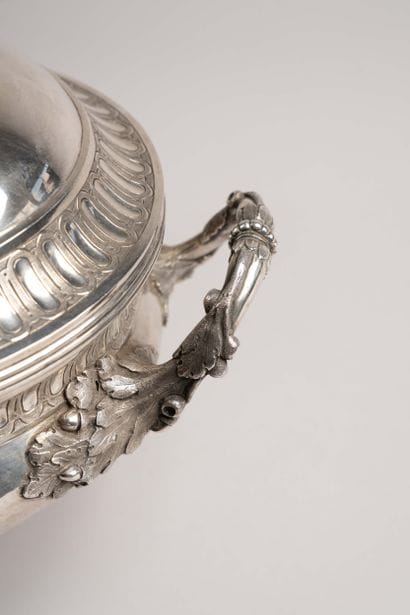 Silver soup tureen decorated with foliage,...