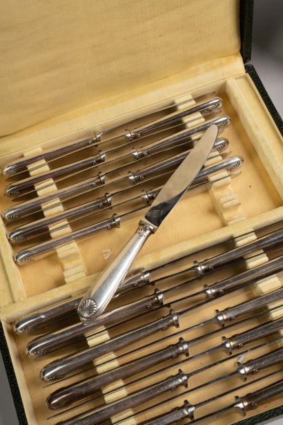 CHRISTOFLE 
Silver plated cutlery set, shell...