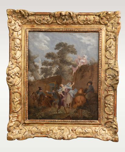 Ecole du XVIIIe siècle,
L'attaque du carrosse,
Peinture...