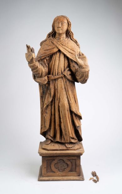 Sainte femme en bois sculpté. Debout, elle...