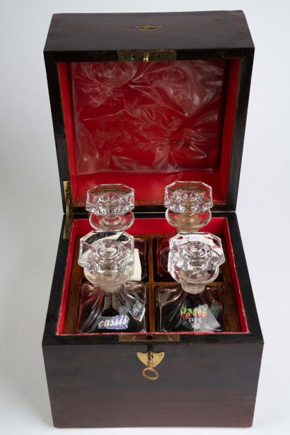 Exotic wood liquor cabinet with 4 bottles,...