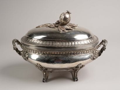 Silver soup tureen decorated with foliage,...