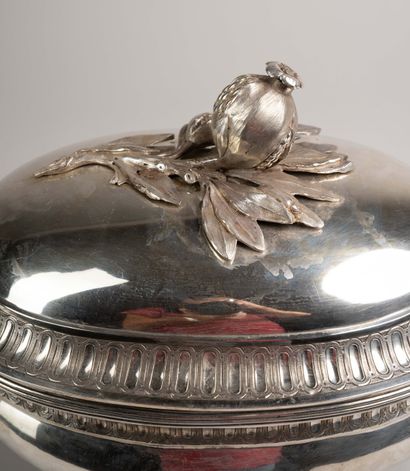 Silver soup tureen decorated with foliage,...