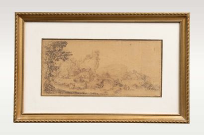 Ecole du XVIIe siècle,
Paysage avec habitations,
dessin...