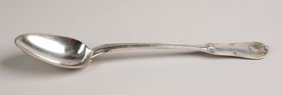 Silver stew spoon, with decorative ridges....