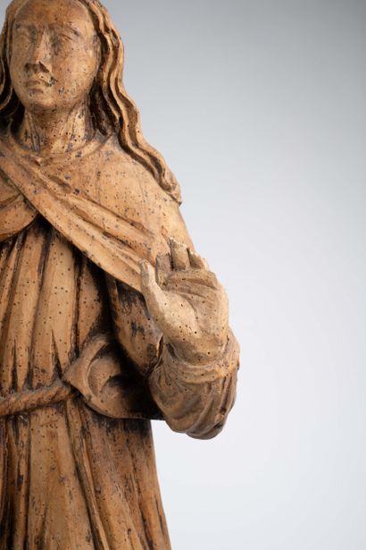 Sainte femme en bois sculpté. Debout, elle...