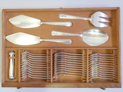 A large white metal dinner set, a 1950s model...