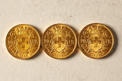 3 Swiss 20-franc gold coins, 1935
