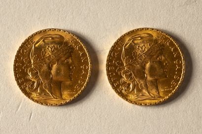 2-pièce or 20-franc Marianne/rooster coins...